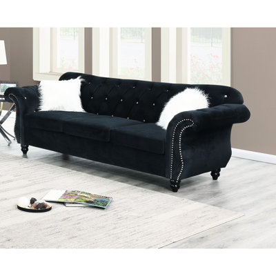 Luxury 3 - Seat Black Velvet With Classic Back And Silver Nailhead Trim, For Primary Living Space, 93"l X 34"w 37"h Crystal Accent, Ideal