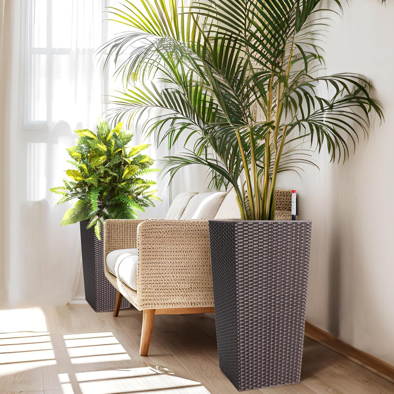 Rattan Planter Set of 2 with Trays, Water Level Monitor & Wheels – Large Indoor/Outdoor Flower Pots for Patio, Porch, Living Room, or Home Office