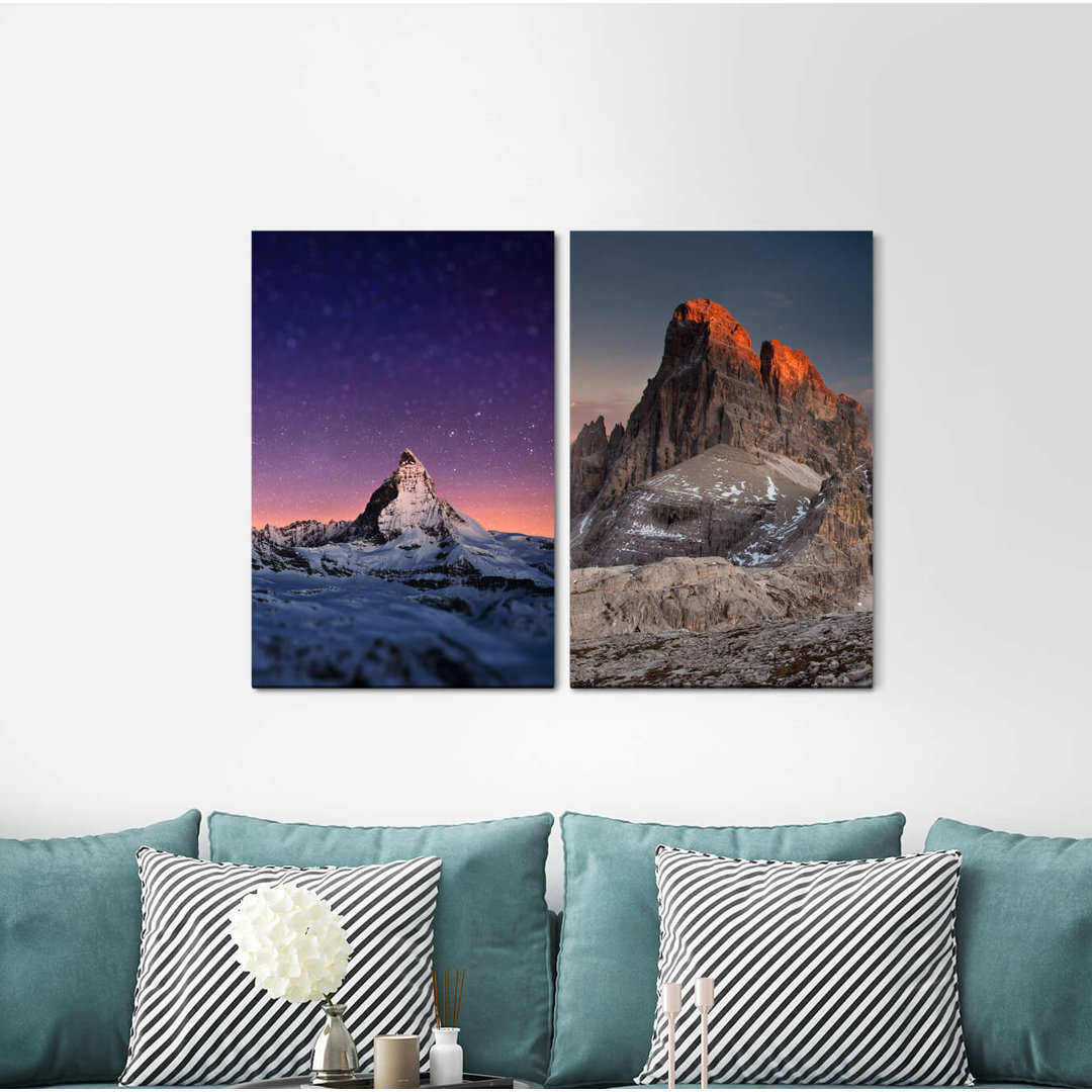 2-tlg. Leinwandbilder-Set - Fotografie „Dolomites Night Sky Top Mountain Peak Snow Rock Nature”