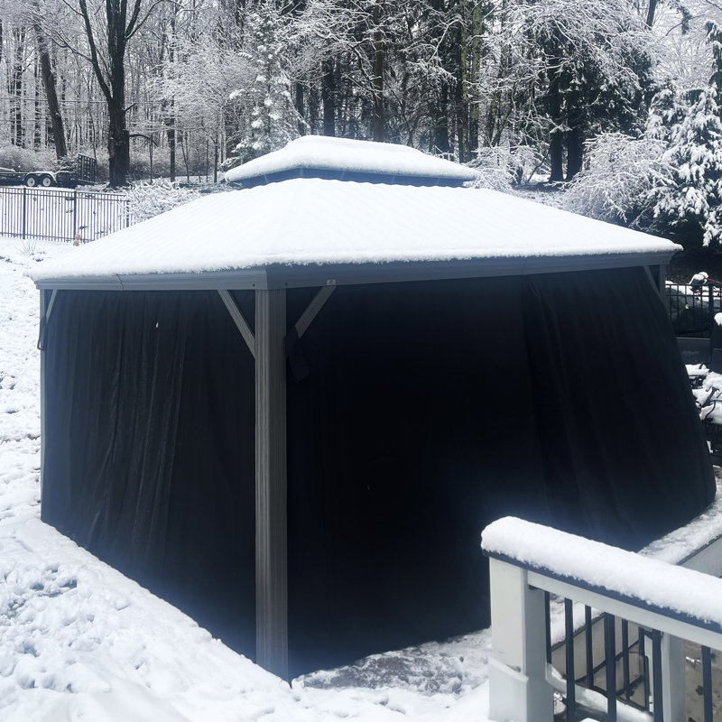 12' x 16' Black Aluminum Hardtop Patio Gazebo with Curtains