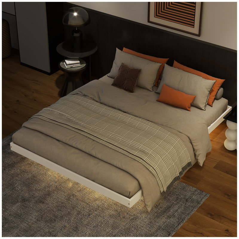 Lit flottant avec lumières DEL en dessous, lit plateforme moderne à profil bas avec lumières DEL, Blanc, Grand lit