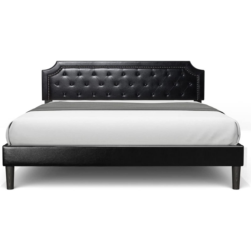 Jashod Bed Frame Upholstered Low Profile Platform Bed with Tufted Faux Leather Headboard, Black, Full