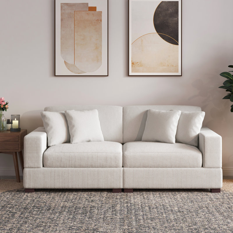 Canapé modulaire rembourré 2 pièces en velours côtelé beige avec dossier coussiné et pieds en bois massif, Beige