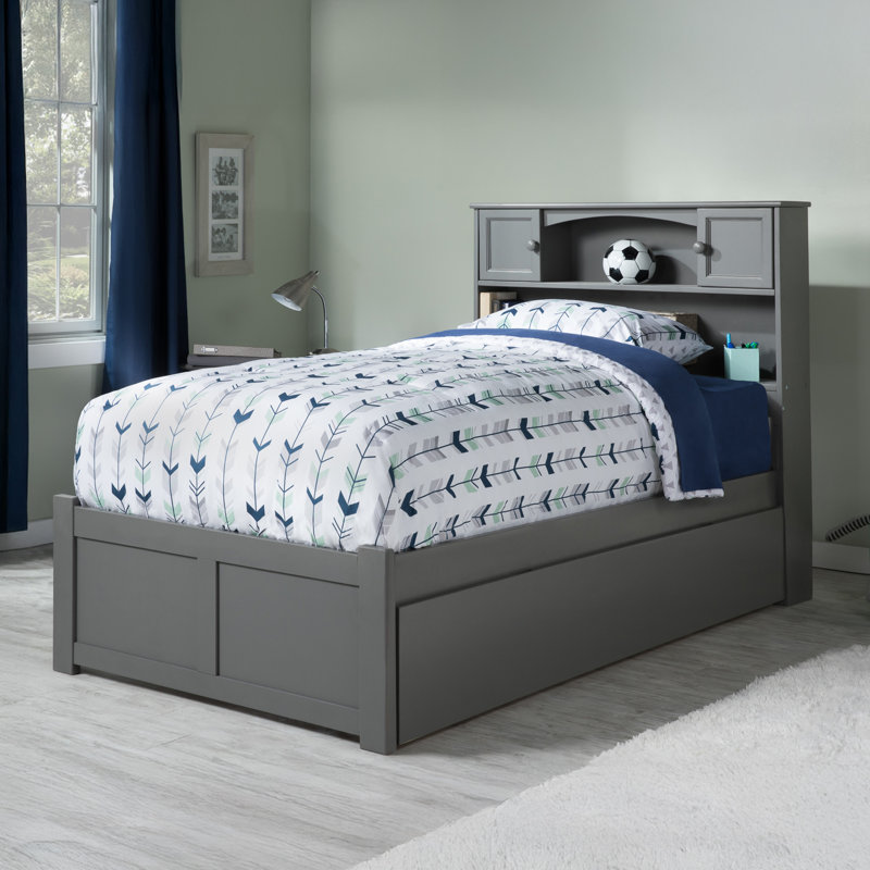 Brevyn Solid Wood Bookcase Storage Platform Bed with Footboard & Roll Out Trundle, Twin, Gray