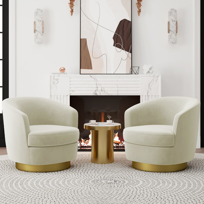 Jalivia 29'' W Velvet Upholstered Swivel Barrel Chair , Beige Velvet