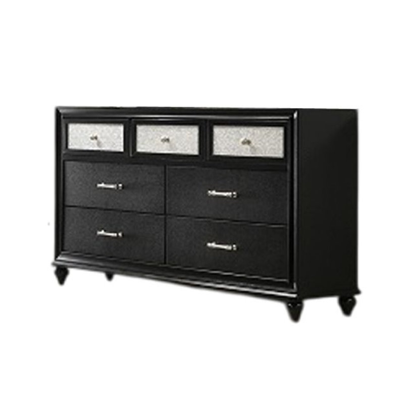 Ensemble de commode et miroir 2 pièces Lexi, 7 tiroirs, poignées et boutons argentés, noir