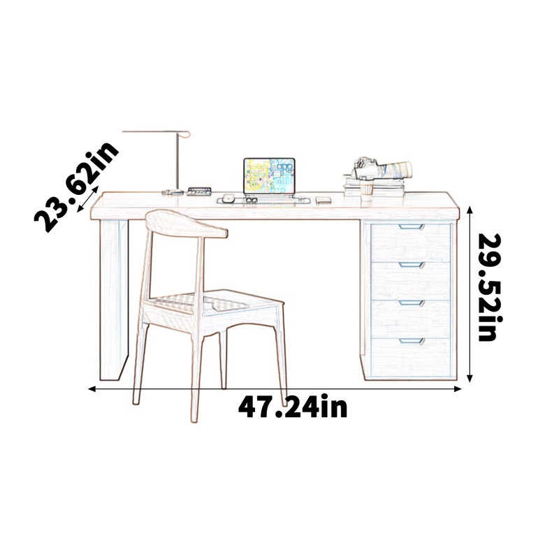Bureau d'étude en bois d'hévéa massif, H 29,52 po x l 47,24 po x P 23,62 po