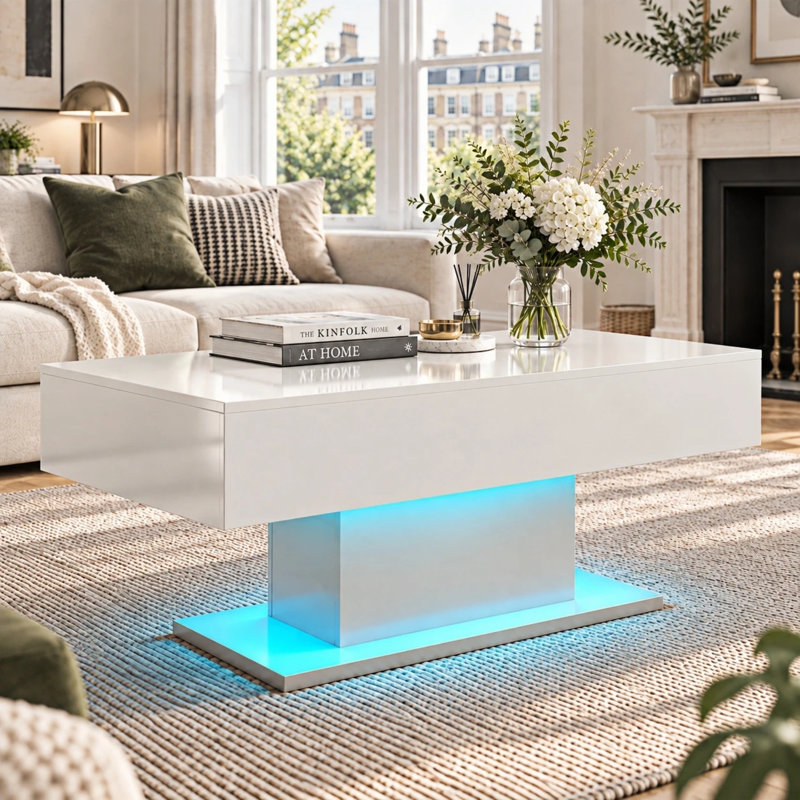 Alpena High Gloss LED Rectangle Coffee Table with Open Storage, White