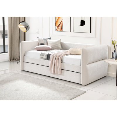 Lit de jour luxueux avec couchette coulissante intégrée, ornement à boutons, teinte avoine, bois massif pour la chambre à coucher, couleur, espace de vie