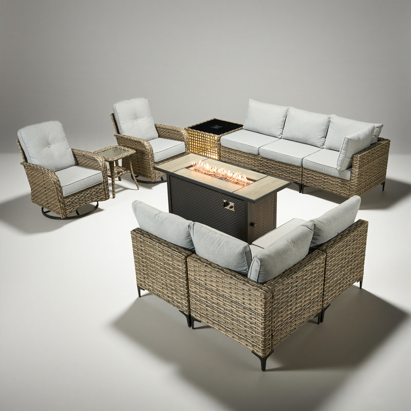 Sorella 11-Piece PE Wicker Outdoor Patio Furniture Set with 54" Propane Fire Pit Table & Solar-Powered Lighting, Gray
