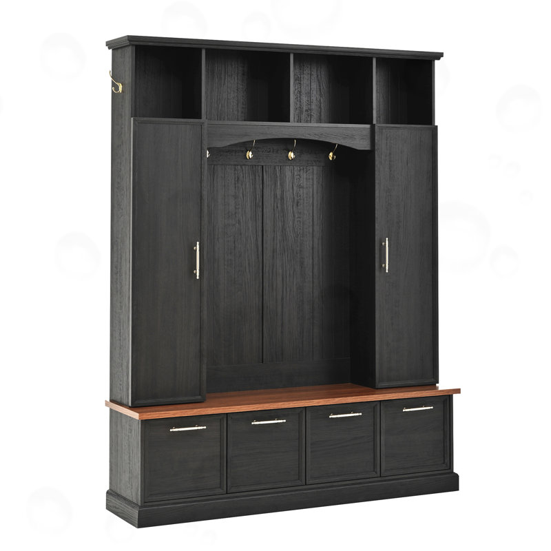 Hall Tree With Hooks And Adjustable Shelves, Black