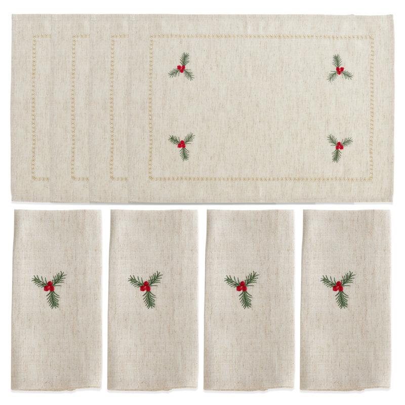 Ensemble de napperons et serviettes de table brodés Holly (4 napperons + 4 serviettes)