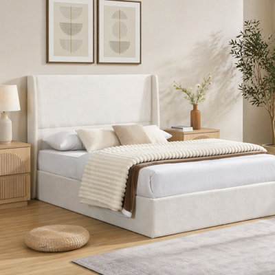 Lit tapissier moderne avec tête de lit haute, base de lit autoportante, base de lit grand, support à 12 lattes, toile de chenille, aucun sommier requis, beige