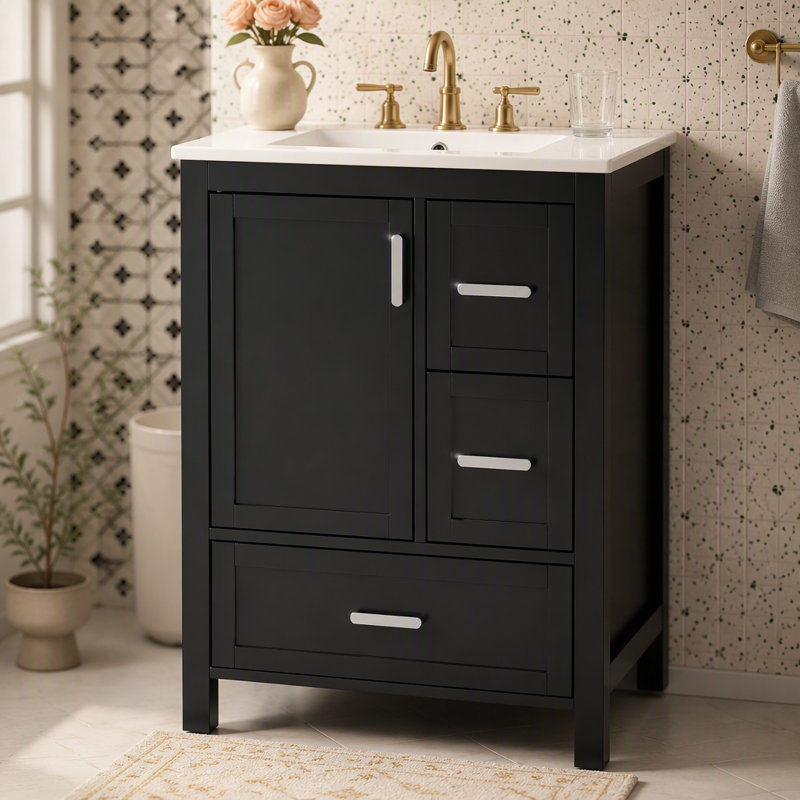 Meuble-lavabo moderne de 24 po avec lavabo en céramique, porte à fermeture en douceur, tablette de porte à double couche et 3 tiroirs