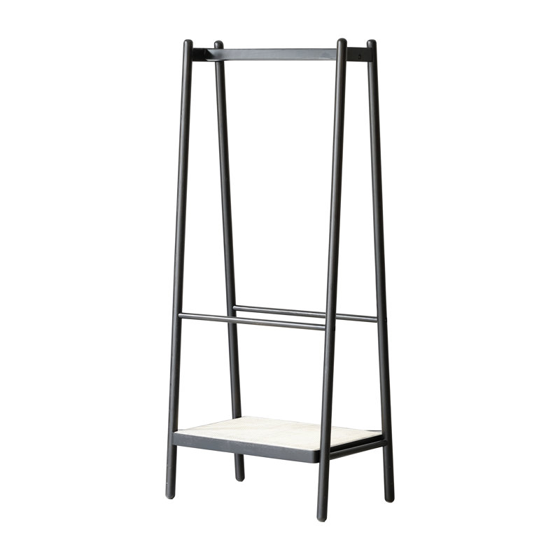 Black Solid Oak Standing Clothes Rack With Hanging Rack + Storage Shelf Clothes Rack