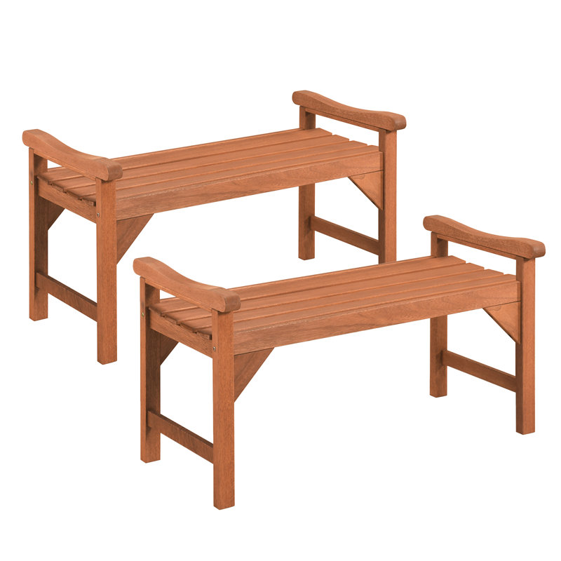 Banc de jardin sans dossier en bois massif (2 pièces) avec poignées de soutien et assise à lattes incurvées