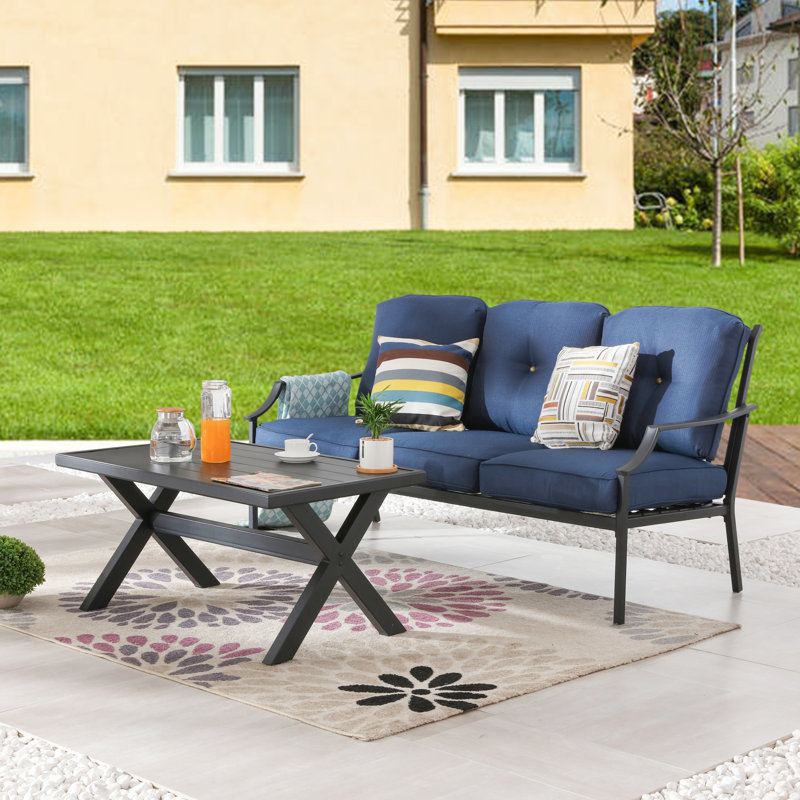 Ensemble de canapé de patio pour 3 personnes avec table basse et coussins, Bleu