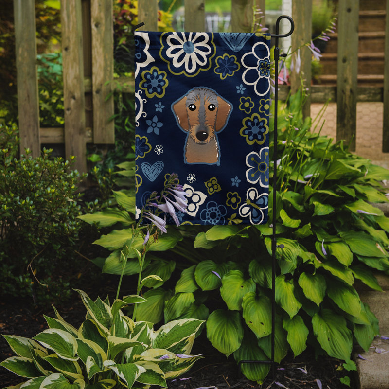 Terrier en fleurs à 2 côtés en polyester 15 x 11,5 po drapeau de jardin, Teckel (noir)