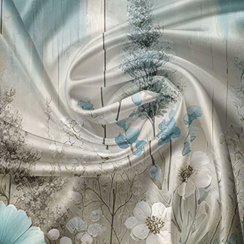Pale Blue Floral Polyester Kitchen Curtain Set