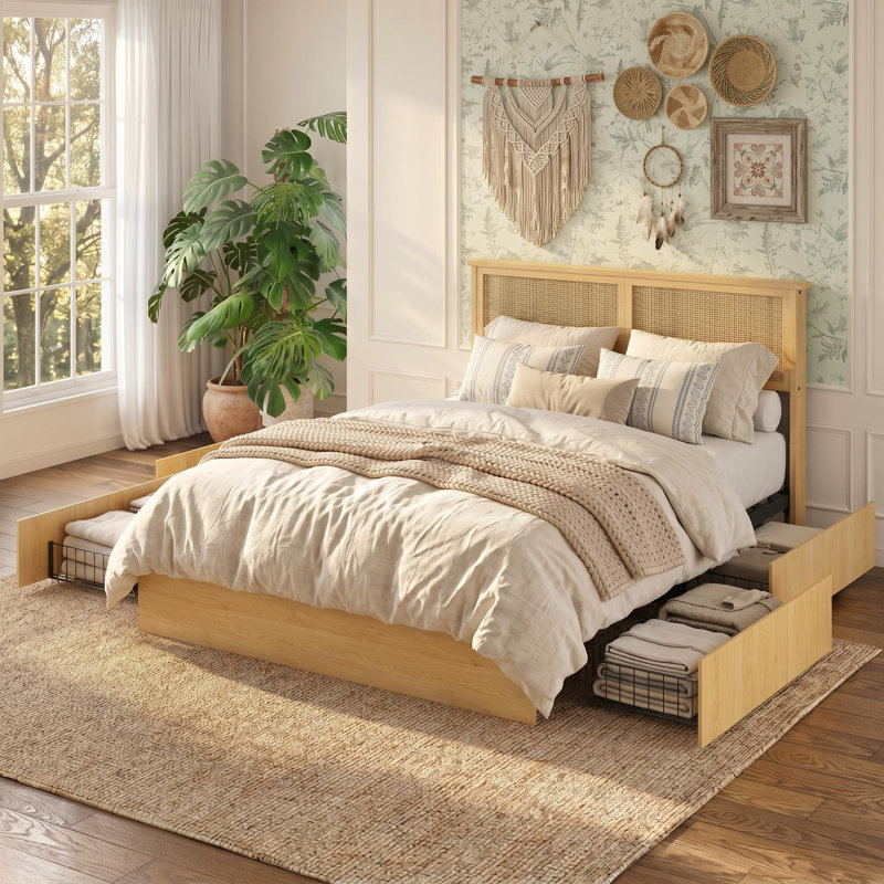 Rattan Bed Frame Full Size with Natural Rattan Headboard & LED Lights, Wood Full Bed Frame with Solid Wood Foundation, No Box Spring Needed, Natural