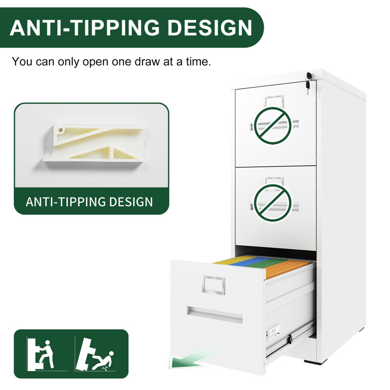 Metal Vertical File Cabinet With 3 Lockable Drawers, A4/Legal Letter Size, Office Use, Smooth Surface Finish, Adjustable Rods, Quiet Drawer Opening And Closing Treatment,
