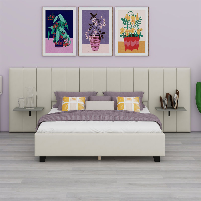 Lit plateforme tapissier avec grande tête de lit, Beige, Grand lit