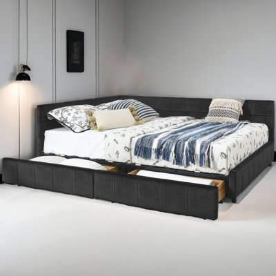 Queen Size Storage Upholstered Tufted Bed Frame, Sofa Bed Frame With Comfortable Backrest And Armrests, Queen Size Bed For Bedroom, Living Room,Velvet by Latitude Run