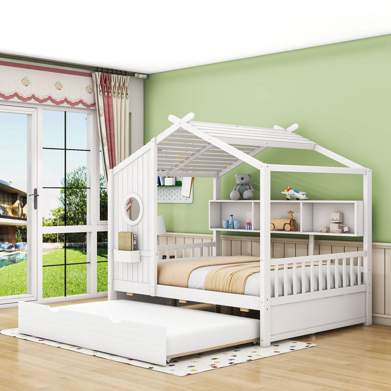Lit maison avec lit gigogne simple et tablettes de rangement, toit, Double, Blanc