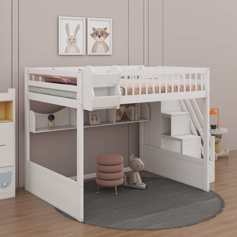 Grand lit mezzanine en bois avec escalier et garde-robe, lit superposé avec rangement sous le lit et tablettes ouvertes pour enfants et adolescents