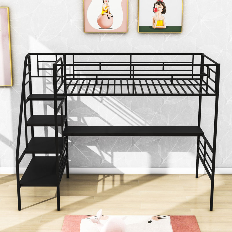 Twin Size Metal Loft Bed With Built-In-Desk