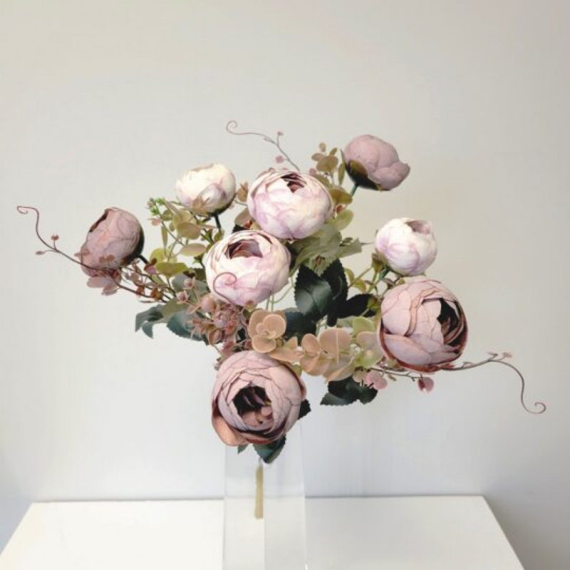 Pivoine crème avec fleurs artificielles d'eucalyptus, Mauve / crème
