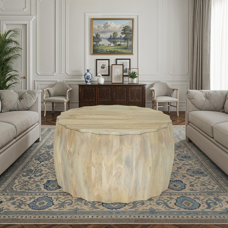 Elegant Beige 30" Round x 18" High Coffee Table with Diamond-Carved Cylindrical Base, Natural Wood