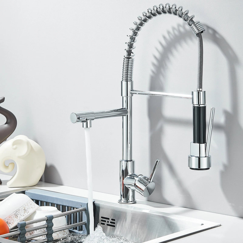 Robinet de cuisine chromé avec douchette extractible et robinet à deux becs, Chrome