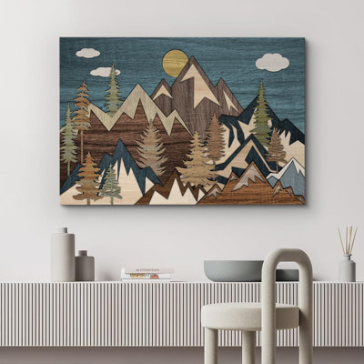 Wood Effect Sun & Mountain Pine Tree Natural Landscape Modern Large Wall Art Living Room Bedroom