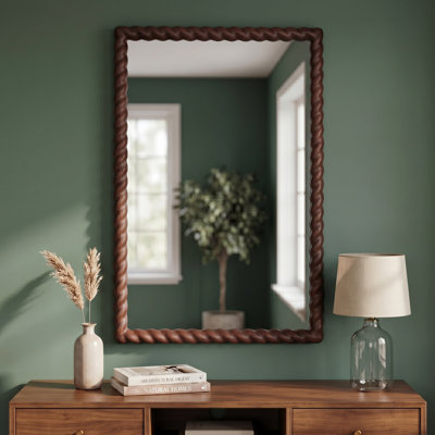 Farmhouse Rectangle Wall Mirror with Solid Wood Frame and Carved Rope Detail