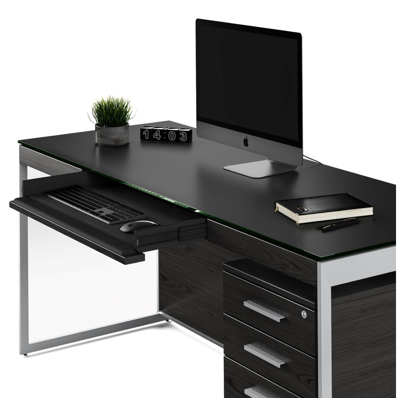 Bureau en verre Sequel 20, Bois de frêne teint gris anthracite / nickel sati, 24,75 po H x 66 po L x 24 po P