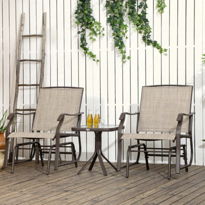 3 Piece Outdoor Glider Chair With Coffee Table Bistro Set, 2 Patio Rocking Swing Chairs With Breathable Sling Fabric, Glass Tabletop, For Backyard, Garden And Porch
