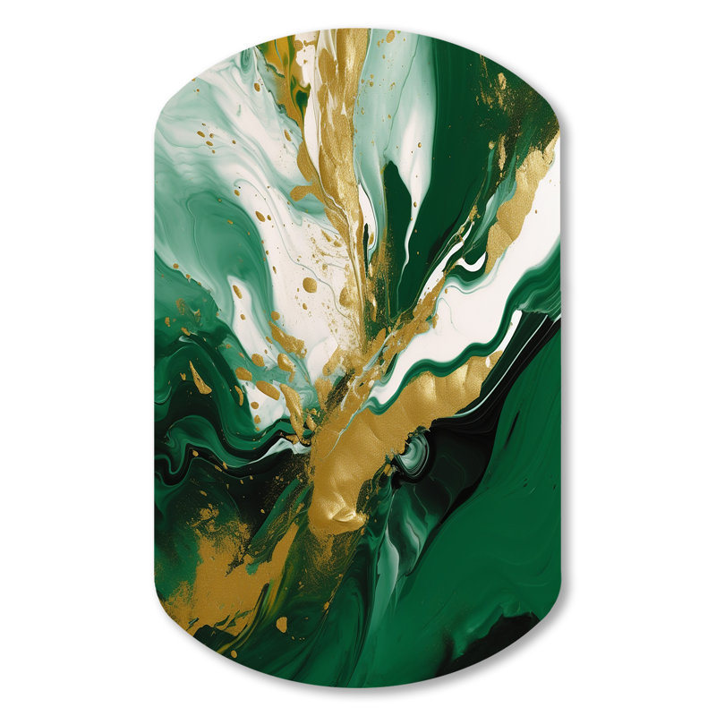 Vert et or liquide Magic II - art mural asymétrique abstrait en métal, impression d'art en forme unique verte