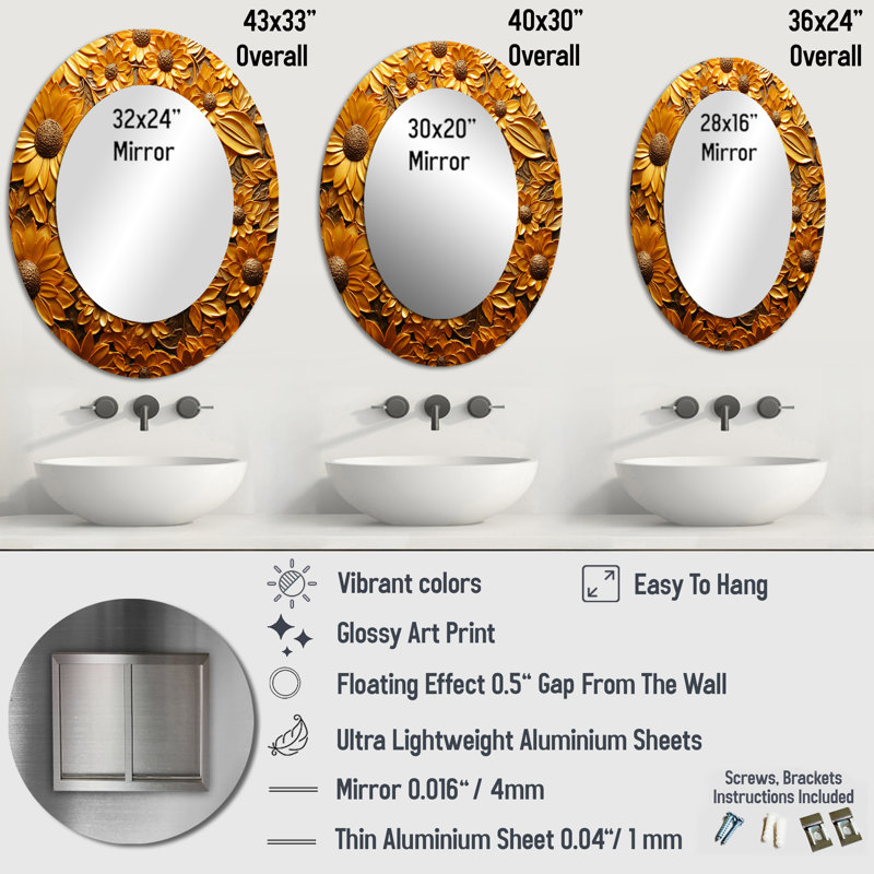 Miroir mural Golden Radiant Sunflower Blooming - Traditional, 40 po x 30 po