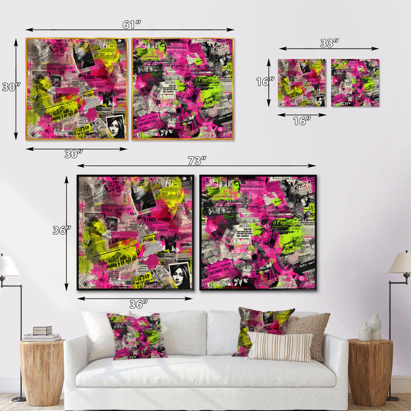 Popart rose néon collage de journal - abstrait carré collage ensemble de 2, Toile tendue, H 16 po x l 33 po