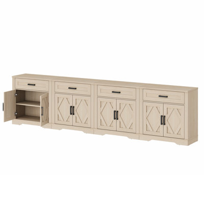 126"W Large Office Storage Cabinet, 4-In-1 Farmhouse Wood Storage File Cabinet With Storage Barn Door Unit, Office Console Table With File Drawers And Shelves For Office, Bedroom,Beige