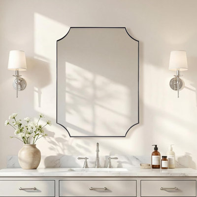 Tariro Contemporary Notched Corner Scalloped Rectangle Bathroom Vanity Mirror | Stainless Steel Frame