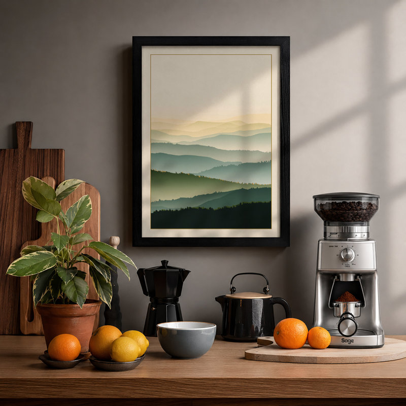 Mountains at Daybreak Scandinavian - Framed Print, A2 - 59.4 x 42.0 cm, Black
