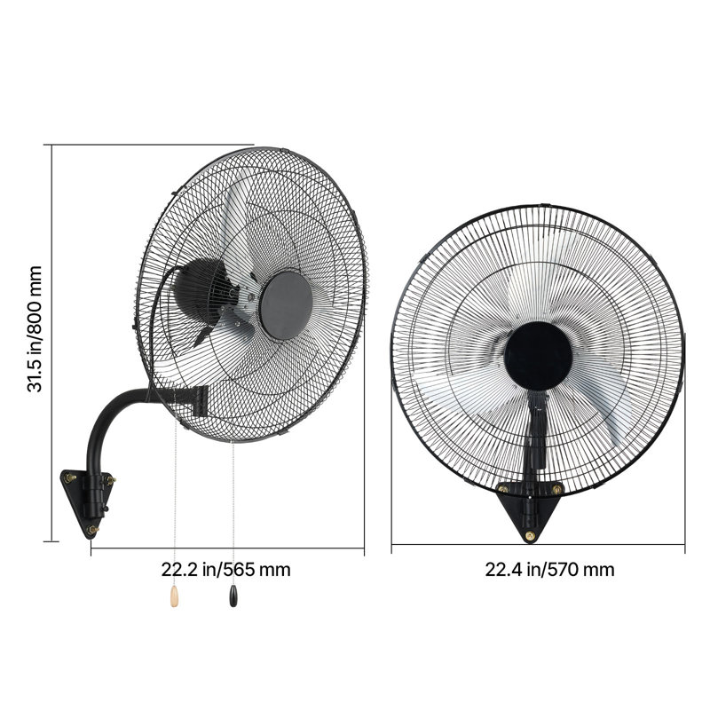 Ventilateur mural, ventilateur mural oscillant de 20 po, 3 vitesses, longue distance de circulation d'air, angle de rotation réglable, mécanique puissant pour l'industrie, commercial, garage, atelier, gymnase, noir