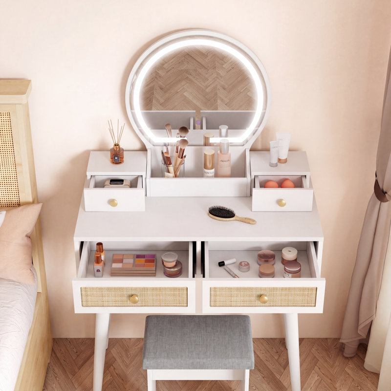 Iesa Boho Natural Rattan Vanity with LED Mirror and Stool, White