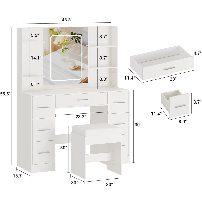 Makeup Vanity Set with Mirror and Chair, 7 Drawers, 3-Color Adjustable LED Lighting, Built-In Power Outlet and Hair Dryer Holder for Bedroom