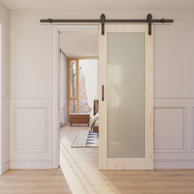 Porte de grange coulissante en bois de pin massif 80 po en verre givré avec quincaillerie d'installation (aucun assemblage requis)