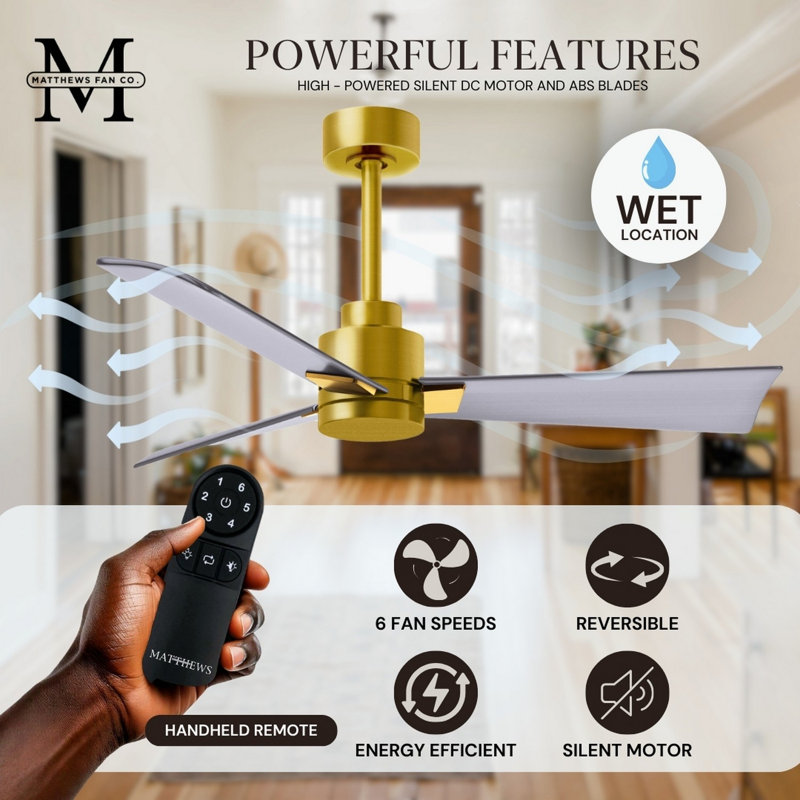 Alessandra Outdoor Downrod Ceiling Fan, Brushed Brass, Brushed Nickel