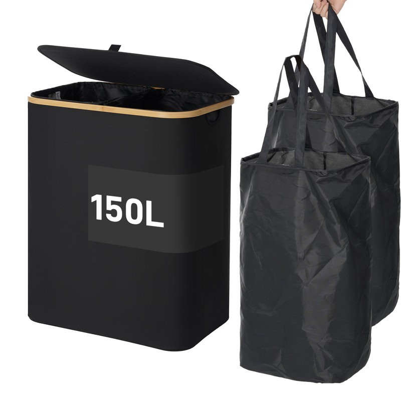 Extra Large 2 Section Dirty Clothes Laundry Basket with Lid, Dirty Clothes Hampers with Removable Bags, Black