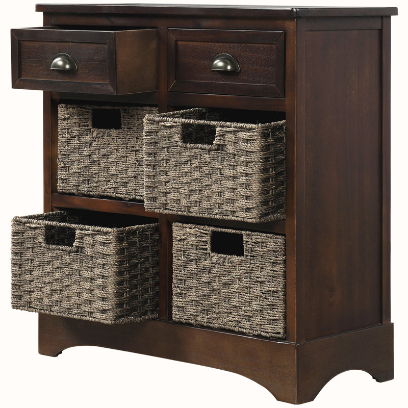 Bueno Wood  Storage Cabinet with Two Drawers and Four Classic Rattan Basket, Espresso